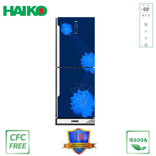 HAIKO Refrigerator HRT-350EGB-BLUE(2Door, Upper Freezer, Glass Door, With Digital Display)