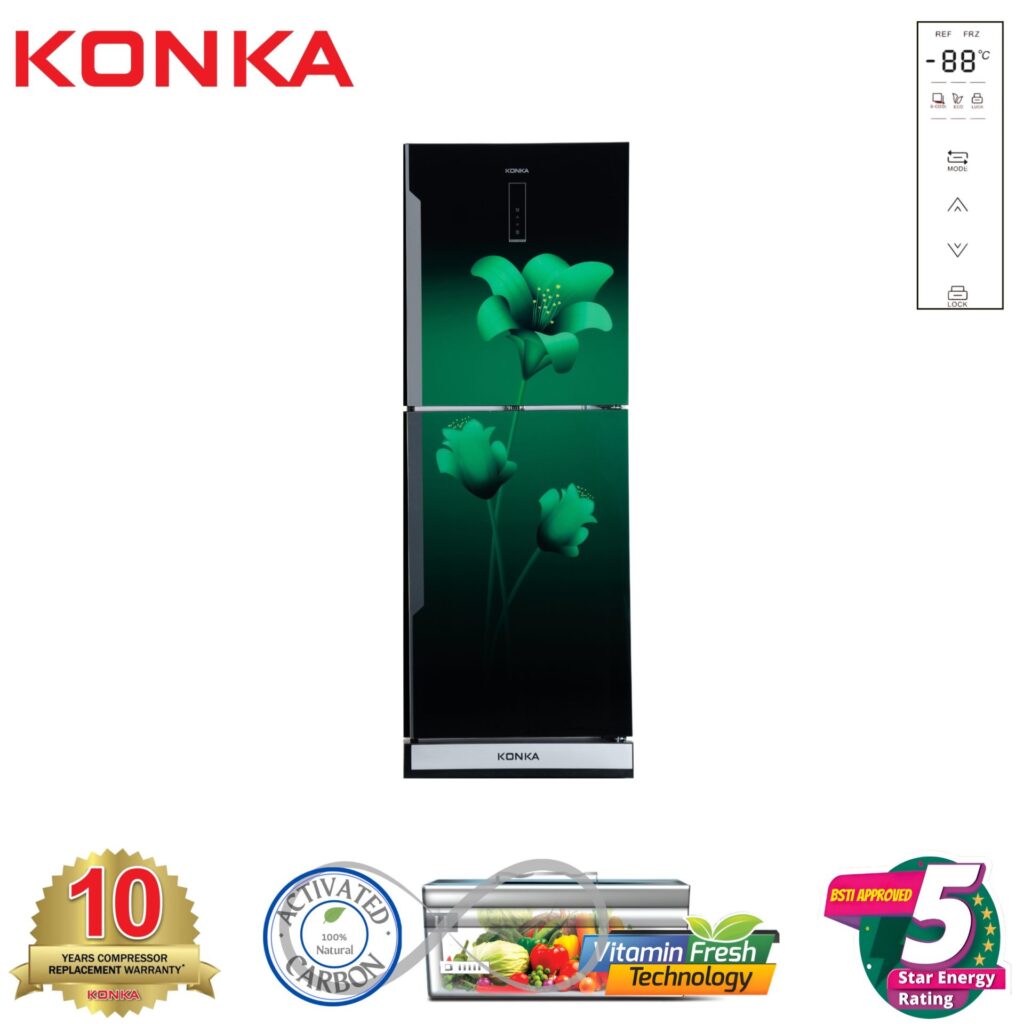 KONKA Refrigerator-KRB-270EVB-3D Green Lily, Bottom Freezer, with Digital Display (270 LTR)