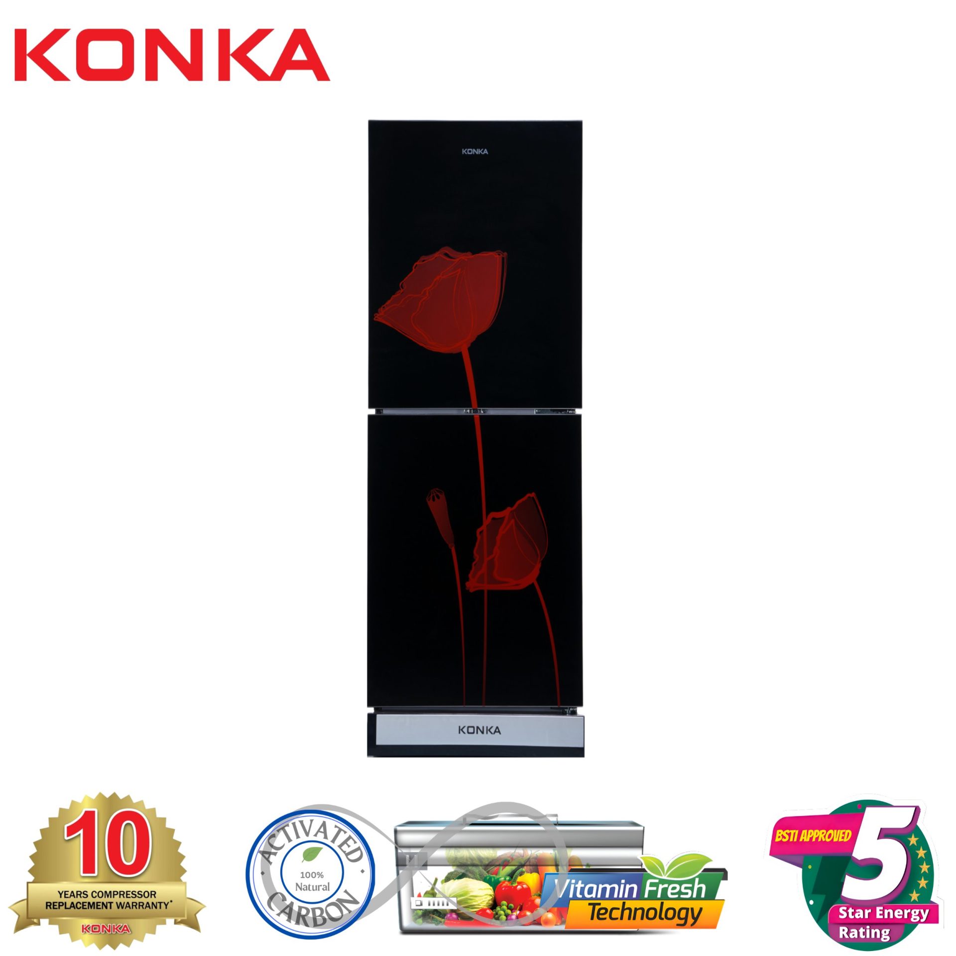 KONKA Refrigerator-KRB-270VB- Glass Mirror Red Tulip, Bottom Freezer (270 LTR) KONKA Refrigerator-KRB-270VB- Glass Mirror Red Tulip, Bottom Freezer (270 LTR)