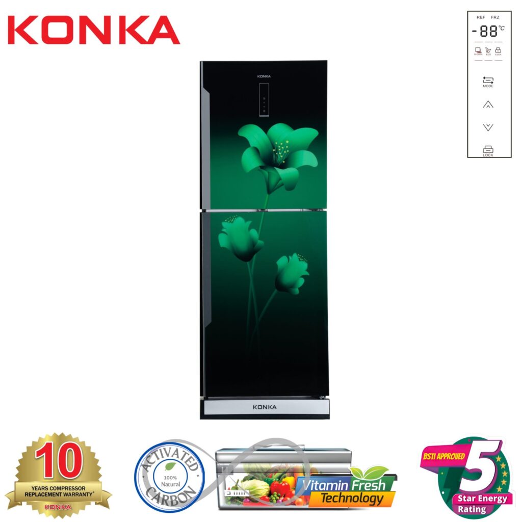 KONKA Refrigerator-KRB-307EVB-3D Green Lily, Bottom Freezer, with Digital Display (307 LTR)