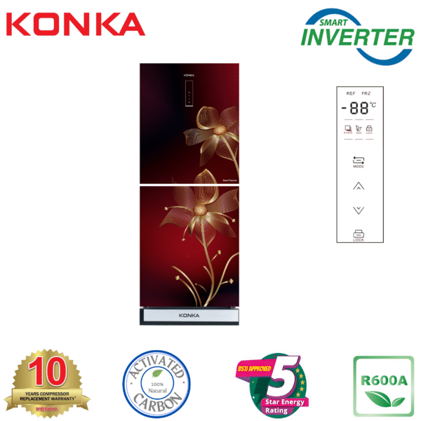 KONKA Refrigerator-KRT-282EIGB-Maroon Nelumbo Upper Freezer, Electronics Control, Digital Display with Inverter Technology (282 LTR)