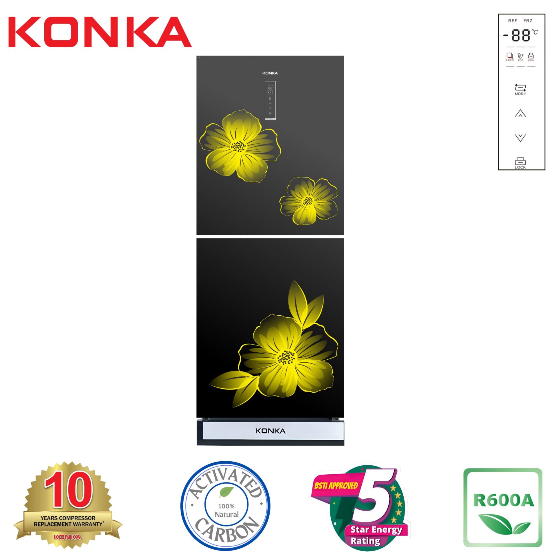 KONKA Refrigerator-KRT-315EGB-Glass Mirror, Upper Freezer, Digital Display (315 LTR)