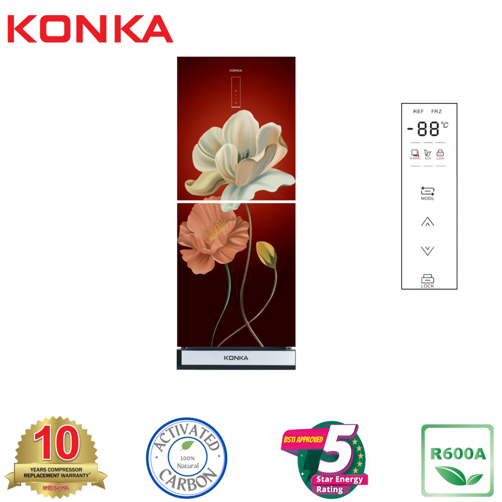 KONKA Refrigerator-KRT-315EGB-Red Magnolia Upper Freezer, Digital Display (315 LTR)